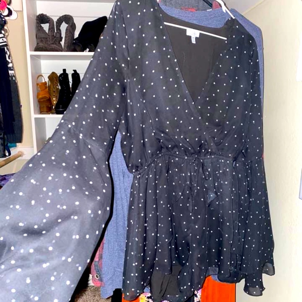 Tobi polka dot romper with bell sleeves